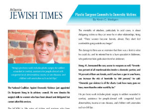 A magazine page featuring an article about a plastic surgeon's support for domestic violence victims, with a small portrait of the surgeon and headline text at the top.
