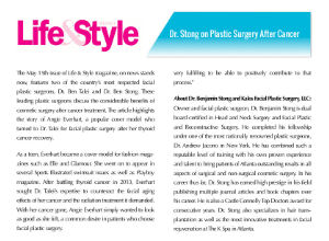 A magazine feature highlights Dr. Ben Stong, a plastic surgeon, discussing plastic surgery after cancer and his contributions at Kalos Facial Plastic Surgery, LLC.
