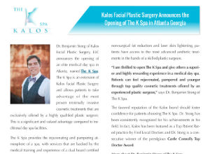 A magazine page features an article about Kalos Facial Plastic Surgery’s opening, with a photo of a man in formal attire and the Kalos Spa logo at the top left.