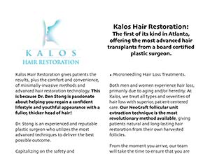 A brochure for Kalos Hair Restoration with text describing their advanced hair restoration techniques and services, highlighting expertise and patient-focused care.