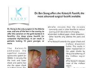Flyer for KalosLift Facelift featuring Dr. Ben Stong, with text describing the procedure and before-and-after profile photos of a female patient.