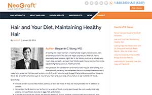 Screenshot of a NeoGraft blog post titled "Hair and Your Diet, Maintaining Healthy Hair" by Benjamin C. Stong, M.D., with a photo of a man in a suit.