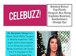 Partial magazine article with the headline "Botched Botox? Top Plastic Surgeon Ben Stong Explains Kourtney Kardashian’s Droopy Eye" and photo of a woman with long dark hair.