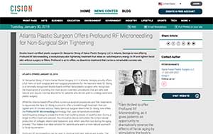 Screenshot of a news article about an Atlanta plastic surgeon offering RF microneedling for non-surgical skin tightening, with a small photo of the surgeon included.