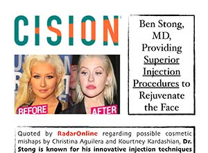 Side-by-side "before" and "after" photos of a woman’s face appear beside text promoting Dr. Ben Stong’s facial injection procedures for rejuvenation.
