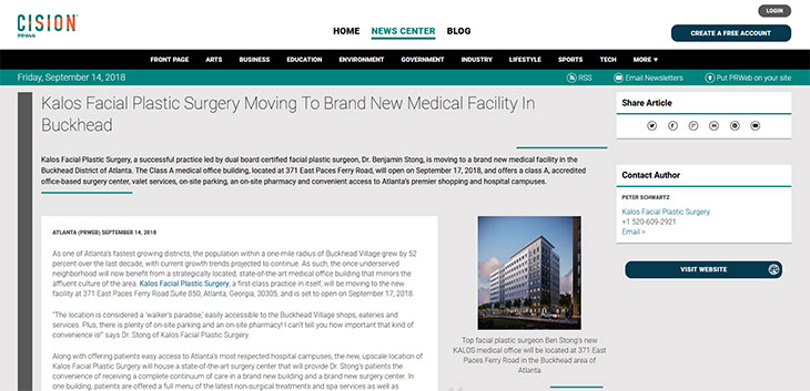 The screenshot of the article titled: Kalos Facial Plastic Surgery Moving To Brand New Medical Facility In Buckhead