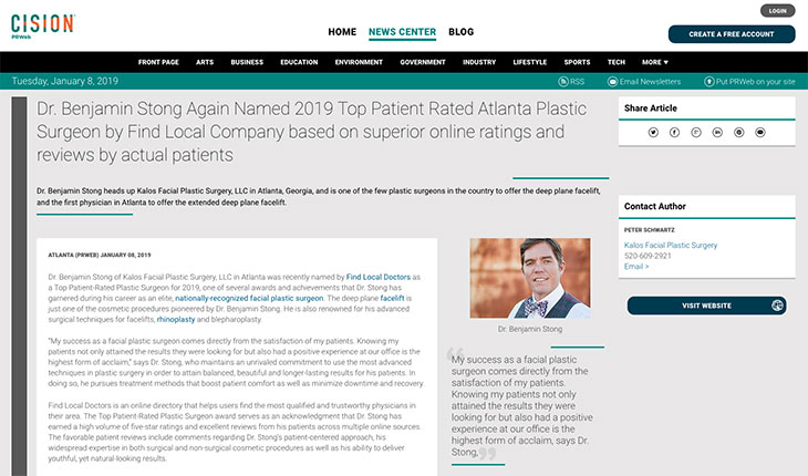 Screenshot of a news article announcing Dr. Benjamin Stong as 2019 Top Patient Rated Atlanta Plastic Surgeon, featuring a photo of Dr. Stong and article navigation options.