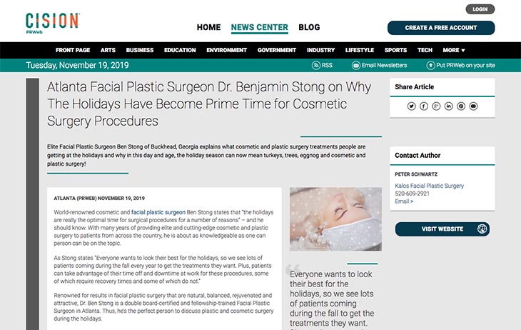 Screenshot of an article - Atlanta Facial Plastic Surgeon Dr. Benjamin Stong on Why The Holidays Have Become Prime Time for Cosmetic Surgery Procedures