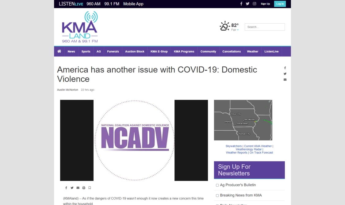 Screenshot of a news article on the KMAland website about the increase in domestic violence during COVID-19, featuring the NCADV logo and a map of part of the Midwest.