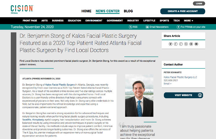 Screenshot of an article titled: Dr. Benjamin Stong of Kalos Facial Plastic Surgery Featured as a 2020 Top Patient Rated Atlanta Facial Plastic Surgeon by Find Local Doctors