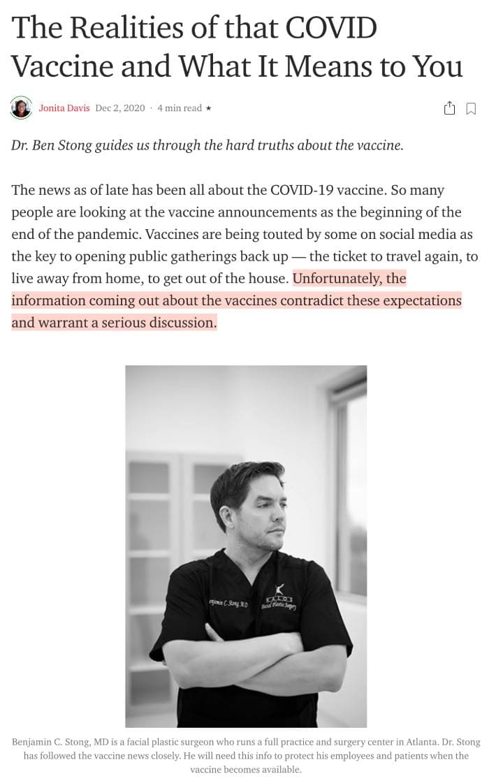 Screenshot of an article: The Realities of that COVID Vaccine and What It Means to You