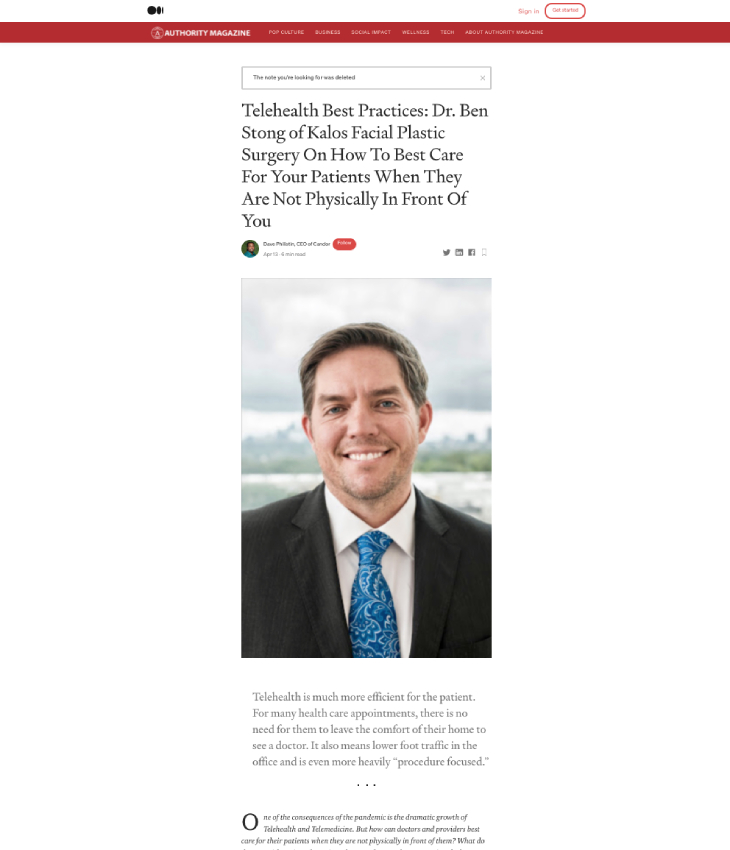 Screenshot of an article titled: Telehealth Best Practices: Dr. Ben Stong of Kalos Facial Plastic Surgery On How To Best Care For Your Patients When They Are Not Physically In Front Of You