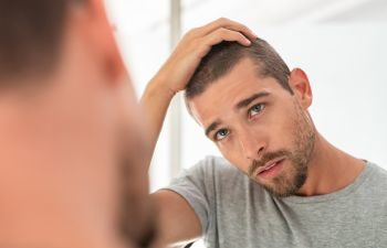 Young concerned man looking at a mirror and touching his hair.