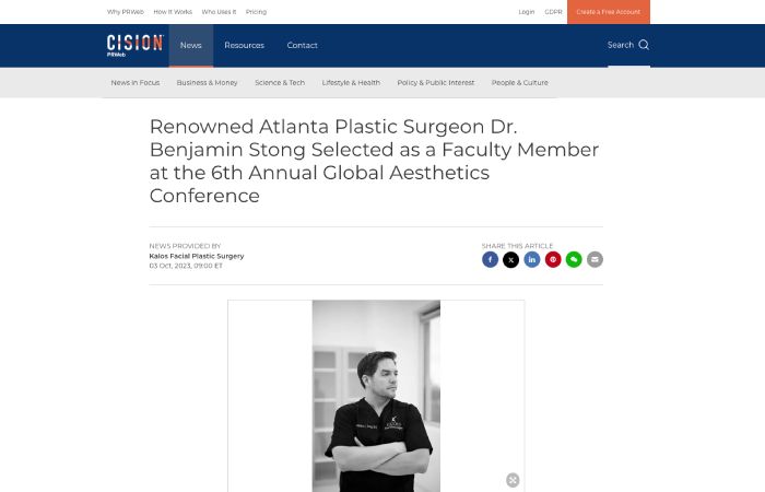 Screenshot of an article titled: Renowned Atlanta Plastic Surgeon Dr. Benjamin Stong Selected as a Faculty Member at the 6th Annual Global Aesthetics Conference