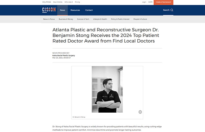 print screen of an article titled: Atlanta Plastic and Reconstructive Surgeon Dr. Benjamin Stong Receives the 2024 Top Patient Rated Doctor Award from Find Local Doctors