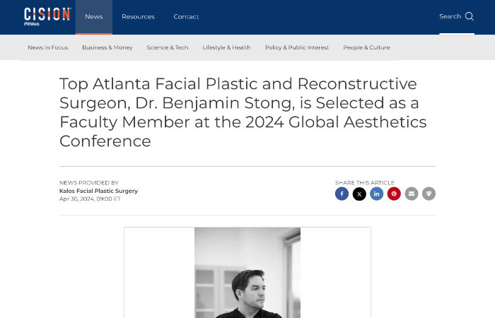 screenshot of an article titled: Top Atlanta Facial Plastic and Reconstructive Surgeon, Dr. Benjamin Stong, is Selected as a Faculty Member at the 2024 Global Aesthetics Conference