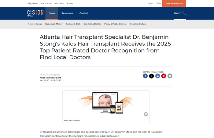 screenshot of article titled: Atlanta Hair Transplant Specialist Dr. Benjamin Stong's Kalos Hair Transplant Receives the 2025 Top Patient Rated Doctor Recognition from Find Local Doctors