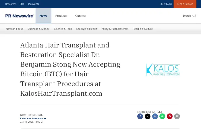 A news article announces that Atlanta hair transplant specialist Dr. Benjamin Stong now accepts Bitcoin for procedures at Kalos Hair Transplant.