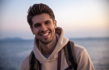 A man wearing a light hoodie and backpack smiles at the camera, with a body of water and a hazy sky in the background.