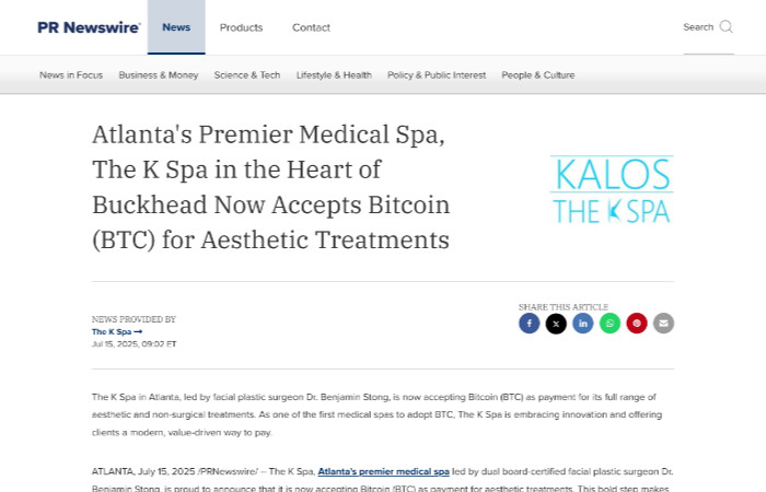 Screenshot of a news article announcing that The K Spa in Atlanta now accepts Bitcoin for aesthetic treatments, featuring the spa's logo on the right.