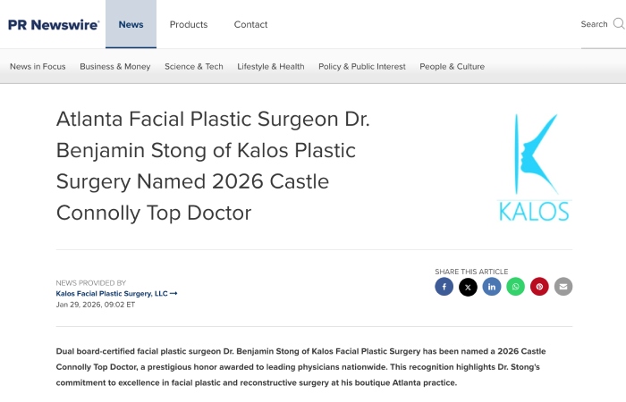 Screenshot of a PRNewswire article announcing Dr. Benjamin Stong of Kalos Plastic Surgery as a 2026 Castle Connolly Top Doctor.