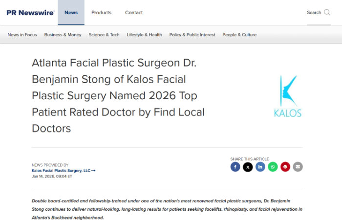 A news article headline announces Dr. Benjamin Stong as the 2026 Top Patient Rated Doctor by Find Local Doctors for Kalos Facial Plastic Surgery.