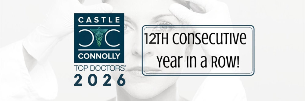 Castle Connolly Top Doctors 2026 badge with text stating "12th consecutive year in a row!" over a grayscale image of a person's face and gloved hands.