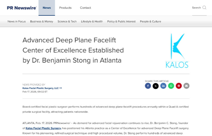Screenshot of a PRNewswire article announcing Dr. Benjamin Stong’s Advanced Deep Plane Facelift Center of Excellence, established in Atlanta by Kalos Facial Plastic Surgery.