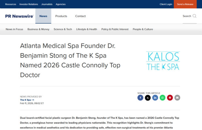 Screenshot of a PR Newswire article announcing Dr. Benjamin Stong of The K Spa as a 2026 Castle Connolly Top Doctor, with The K Spa and Kalos logos visible.