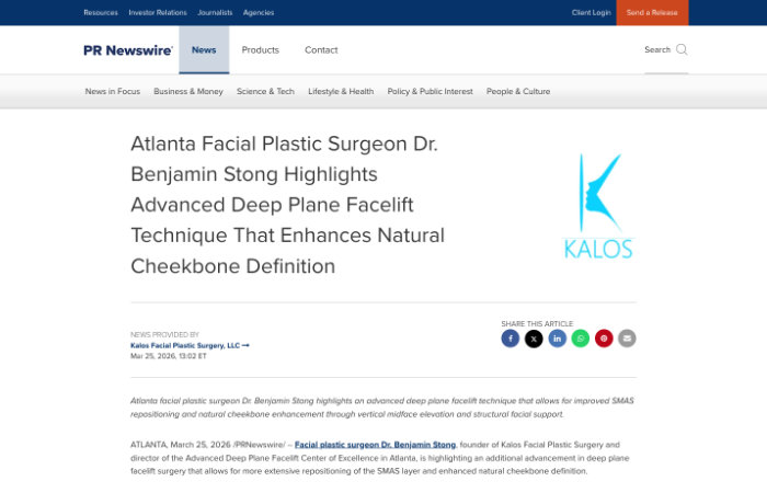 Screenshot of a PR Newswire article about Dr. Benjamin Stong highlighting an advanced deep plane facelift technique for improved cheekbone definition, with Kalos logo and sharing options visible.