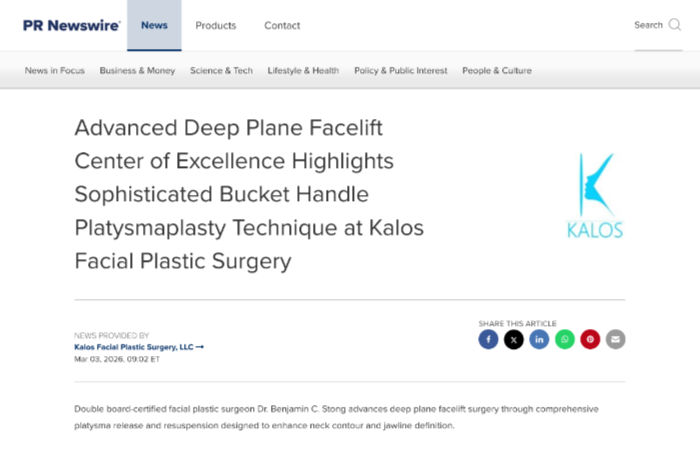 Screenshot of a PR Newswire article about advanced deep plane facelift and platysmaplasty techniques at Kalos Facial Plastic Surgery, with the Kalos logo and social media sharing icons visible.