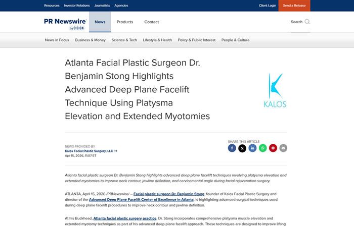 Screenshot of a news article headline announcing Dr. Benjamin Stong’s advanced deep plane facelift technique using platysma elevation and extended myotomies, with the Kalos logo on the right.